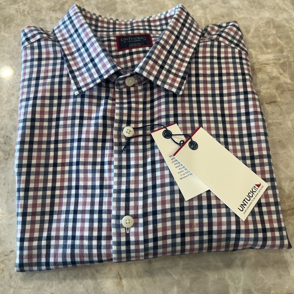 Untuckit Men’s XL 100% Cotton Check Blue White & Red Flannel Long Sleeve Shirt